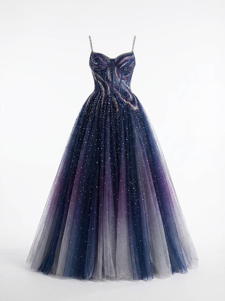 Garment-only deep-blue starlight beaded ballgown on white