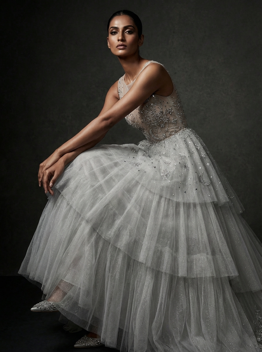 Model seated in silver tulle tiered ballgown
