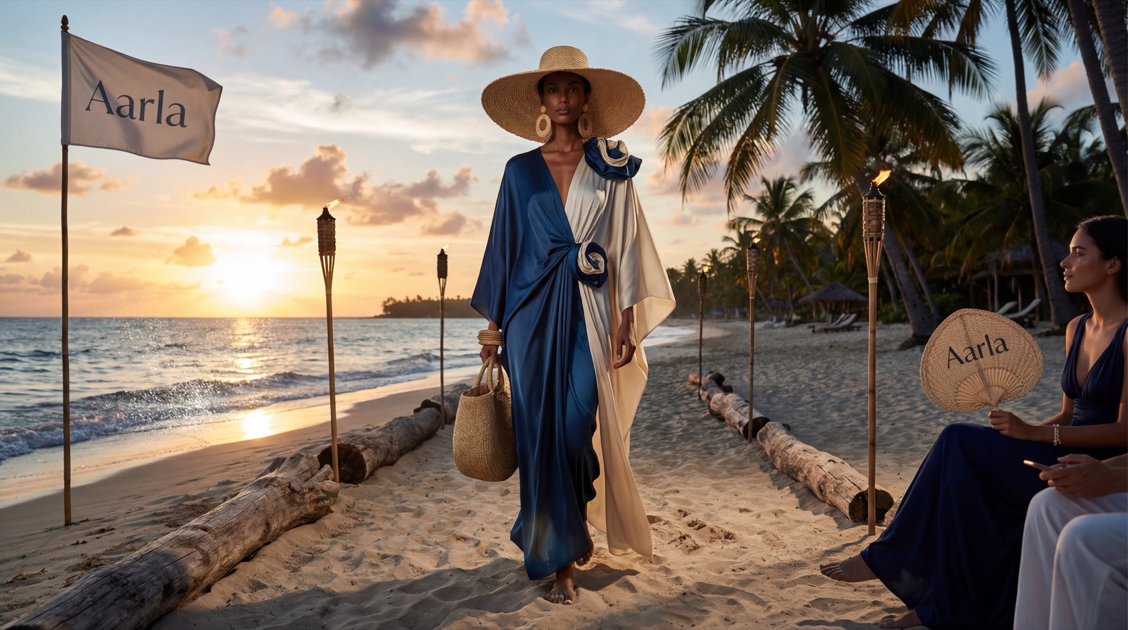 Model in cobalt-and-cream kaftan on Aarla-branded beach runway at dusk