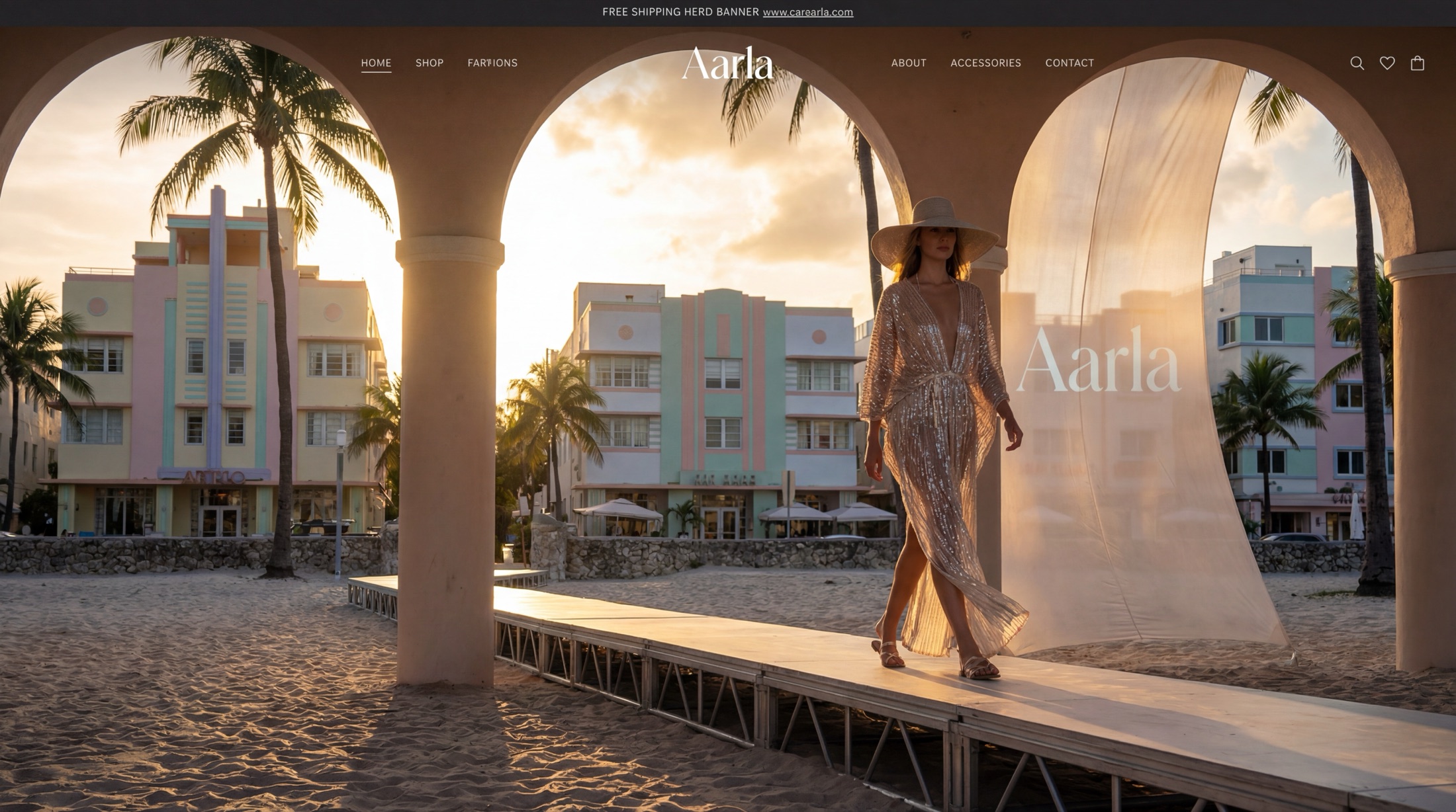 AI fashion runway photography — sunset Art Deco campaign