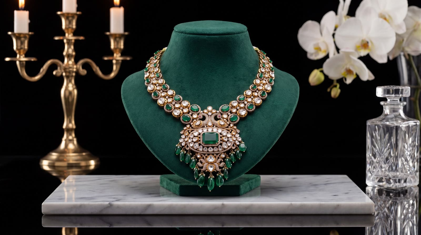 AI jewellery photography India — bridal jewellery collection editorial moody