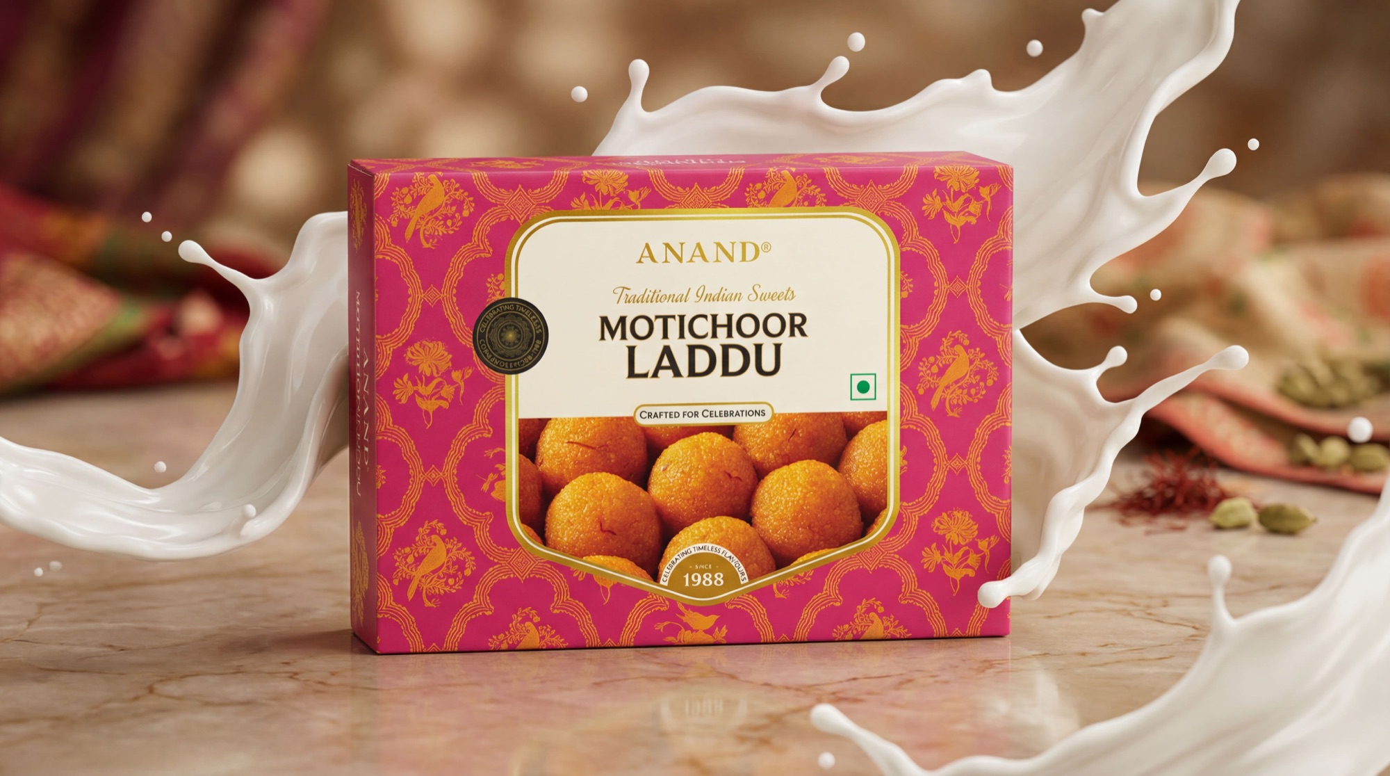 AI mithai photography India — gift box overhead studio shot